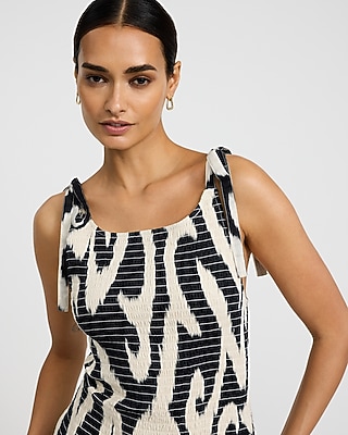 Printed Crew Neck Tie Strap Drop Waist Smocked Maxi Dress