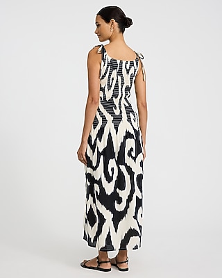 Printed Crew Neck Tie Strap Drop Waist Smocked Maxi Dress