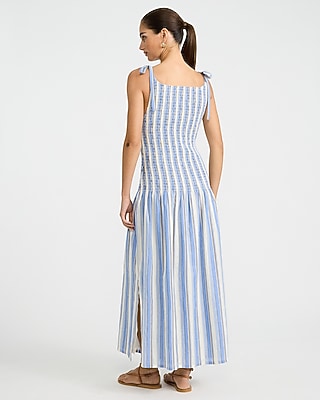 Striped Crew Neck Tie Strap Drop Waist Smocked Maxi Dress - image 3