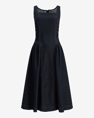 Stretch Denim Square Neck Drop Waist Midi Dress with Pockets