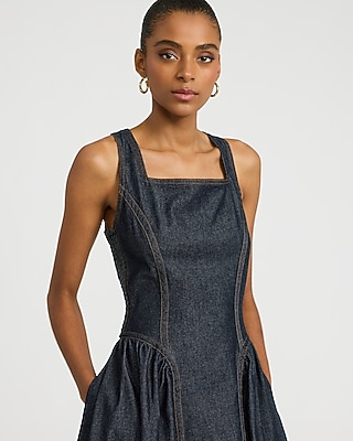 Stretch Denim Square Neck Drop Waist Midi Dress with Pockets