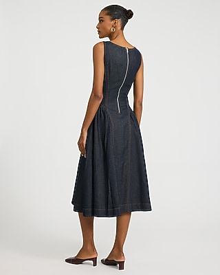 Stretch Denim Square Neck Drop Waist Midi Dress with Pockets