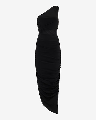 One Shoulder Cutout Ruched Side Slit Midi Sheath Dress