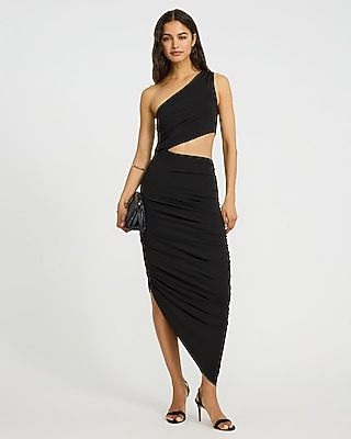One Shoulder Cutout Ruched Side Slit Midi Sheath Dress