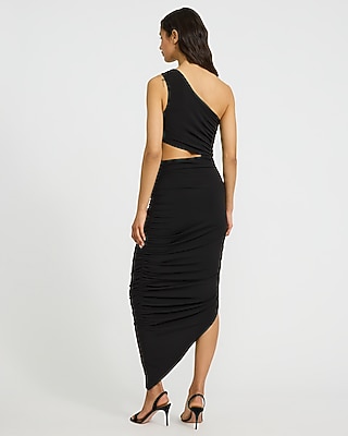 One Shoulder Cutout Ruched Side Slit Midi Sheath Dress