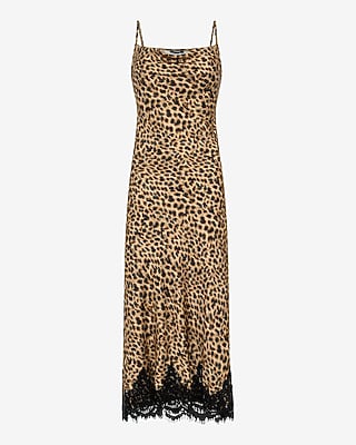 Leopard Cowl Neck Lace Trim Slip Maxi Sheath Dress