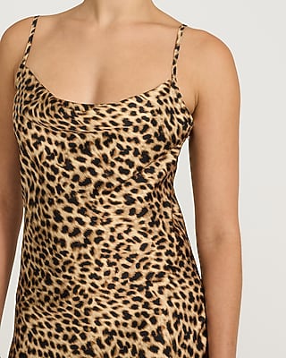 Leopard Cowl Neck Lace Trim Slip Maxi Sheath Dress