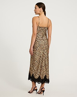 Leopard Cowl Neck Lace Trim Slip Maxi Sheath Dress