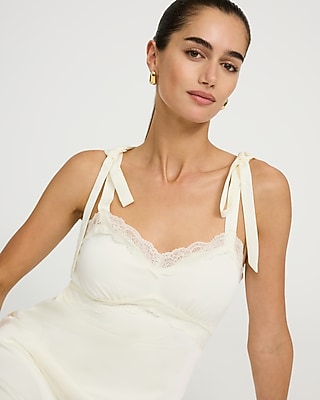 Satin Lace V-Neck Tie Strap Midi Sheath Dress