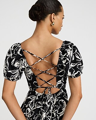 Floral Square Neck Puff Sleeve Strappy Back Midi Dress