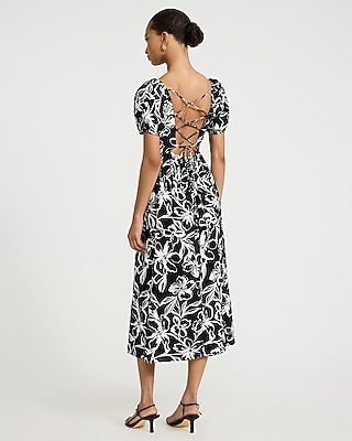 Floral Square Neck Puff Sleeve Strappy Back Midi Dress