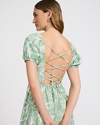 Floral Square Neck Puff Sleeve Strappy Back Midi Dress
