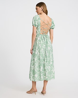 Floral Square Neck Puff Sleeve Strappy Back Midi Dress