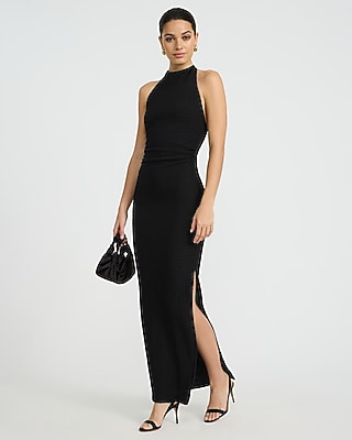 Textured Halter Low Back Ruched Maxi Sheath Dress | Express