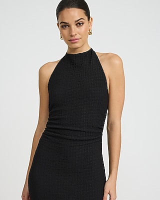 Textured Halter Low Back Ruched Maxi Sheath Dress