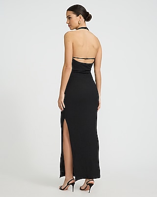 Textured Halter Low Back Ruched Maxi Sheath Dress
