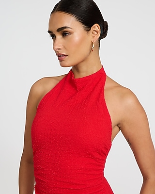 Textured Halter Low Back Ruched Maxi Sheath Dress - image 2