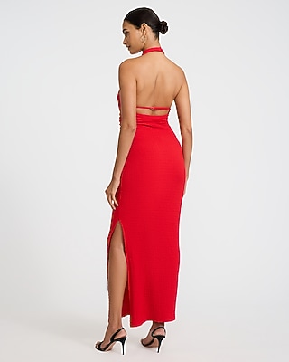 Textured Halter Low Back Ruched Maxi Sheath Dress - image 3
