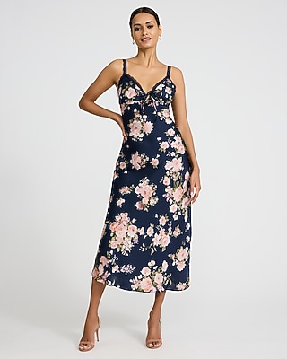 Floral Satin Lace Trim Bow Front Midi Slip Dress | Express