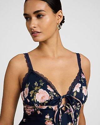 Floral Satin Lace Trim Bow Front Midi Slip Dress | Express
