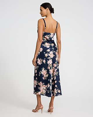 Floral Satin Lace Trim Bow Front Midi Slip Dress | Express