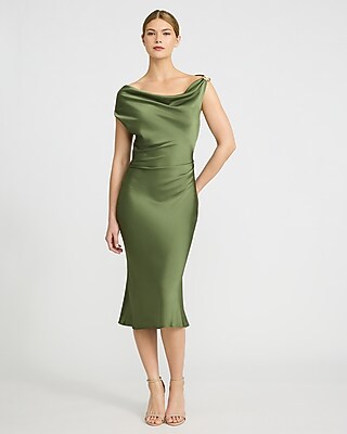 Satin Draped Cowl Neck Hardware Midi Dress - image 2
