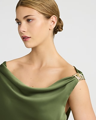 Satin Draped Cowl Neck Hardware Midi Dress - image 3