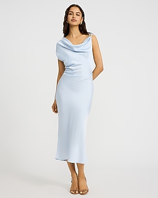 Satin Draped Cowl Neck Hardware Midi Dress | Express