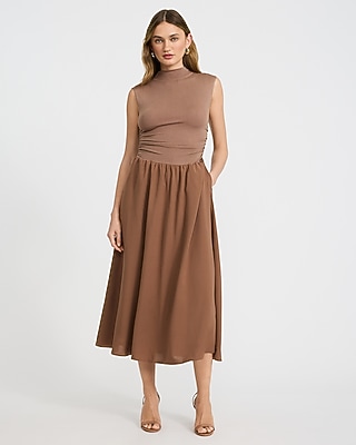 Mixed Media Mock Neck Drop Waist Midi Dress with Pockets