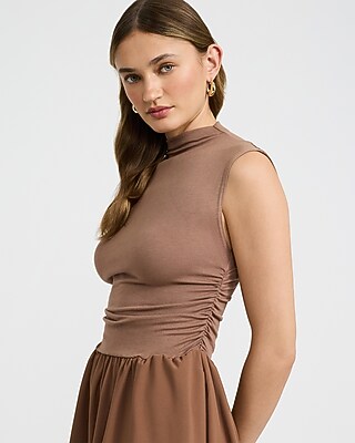 Mixed Media Mock Neck Drop Waist Midi Dress with Pockets