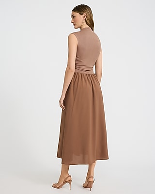 Mixed Media Mock Neck Drop Waist Midi Dress with Pockets