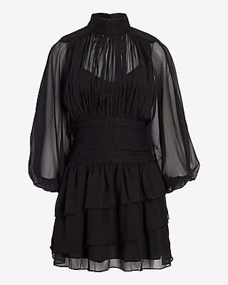 Mock Neck Long Sleeve Pleated Waist Tiered Ruffle Mini Dress