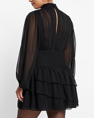 Mock Neck Long Sleeve Pleated Waist Tiered Ruffle Mini Dress