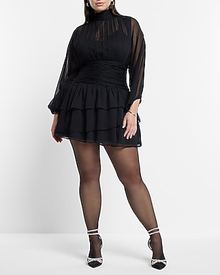 Mock Neck Long Sleeve Pleated Waist Tiered Ruffle Mini Dress