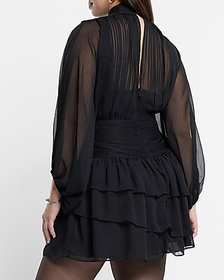 Mock Neck Long Sleeve Pleated Waist Tiered Ruffle Mini Dress