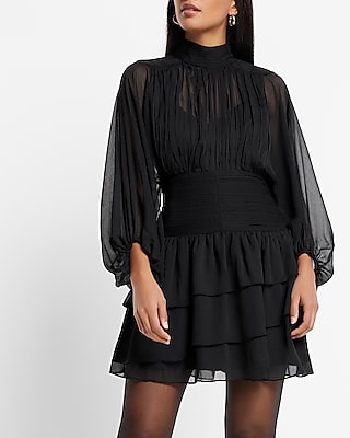 Mock Neck Long Sleeve Pleated Waist Tiered Ruffle Mini Dress
