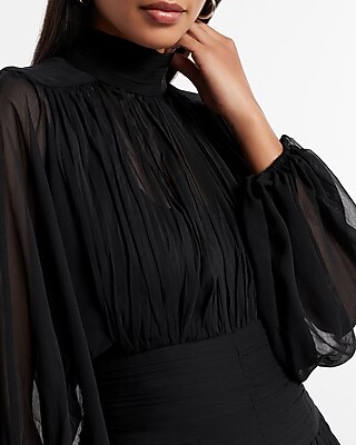 Mock Neck Long Sleeve Pleated Waist Tiered Ruffle Mini Dress