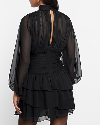 Mock Neck Long Sleeve Pleated Waist Tiered Ruffle Mini Dress