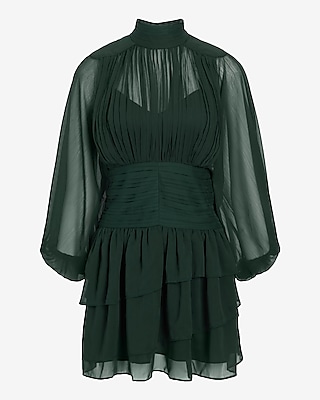 Mock Neck Long Sleeve Pleated Waist Tiered Ruffle Mini Dress