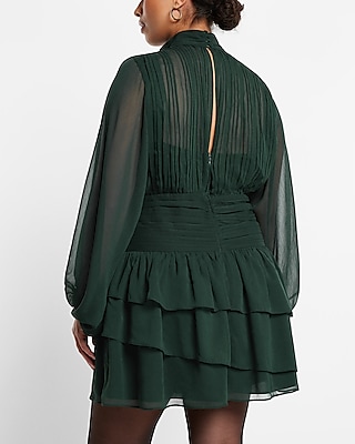 Mock Neck Long Sleeve Pleated Waist Tiered Ruffle Mini Dress