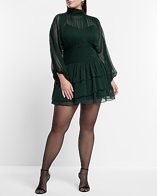 Mock Neck Long Sleeve Pleated Waist Tiered Ruffle Mini Dress