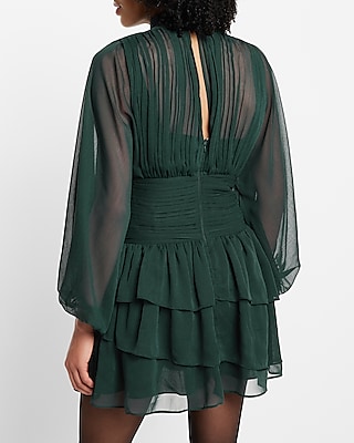 Mock Neck Long Sleeve Pleated Waist Tiered Ruffle Mini Dress