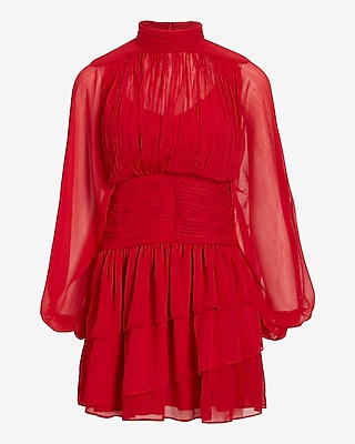 Mock Neck Long Sleeve Pleated Waist Tiered Ruffle Mini Dress
