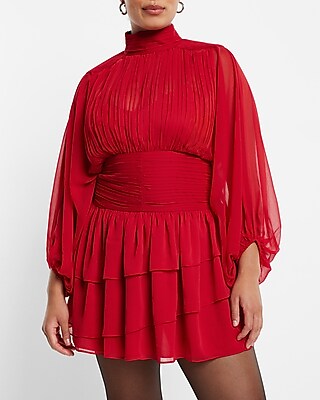 Mock Neck Long Sleeve Pleated Waist Tiered Ruffle Mini Dress