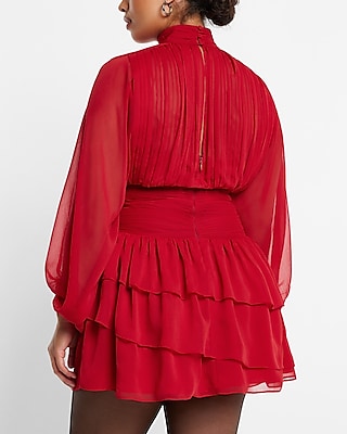 Mock Neck Long Sleeve Pleated Waist Tiered Ruffle Mini Dress