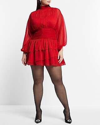 Mock Neck Long Sleeve Pleated Waist Tiered Ruffle Mini Dress