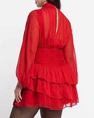 Mock Neck Long Sleeve Pleated Waist Tiered Ruffle Mini Dress