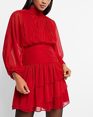 Mock Neck Long Sleeve Pleated Waist Tiered Ruffle Mini Dress