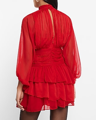 Mock Neck Long Sleeve Pleated Waist Tiered Ruffle Mini Dress