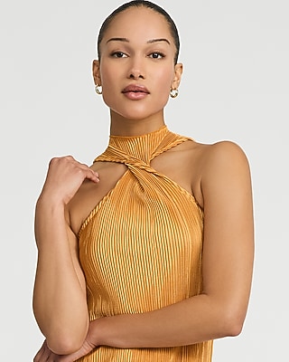 Pleated Twist Halter Sleeveless Maxi Dress